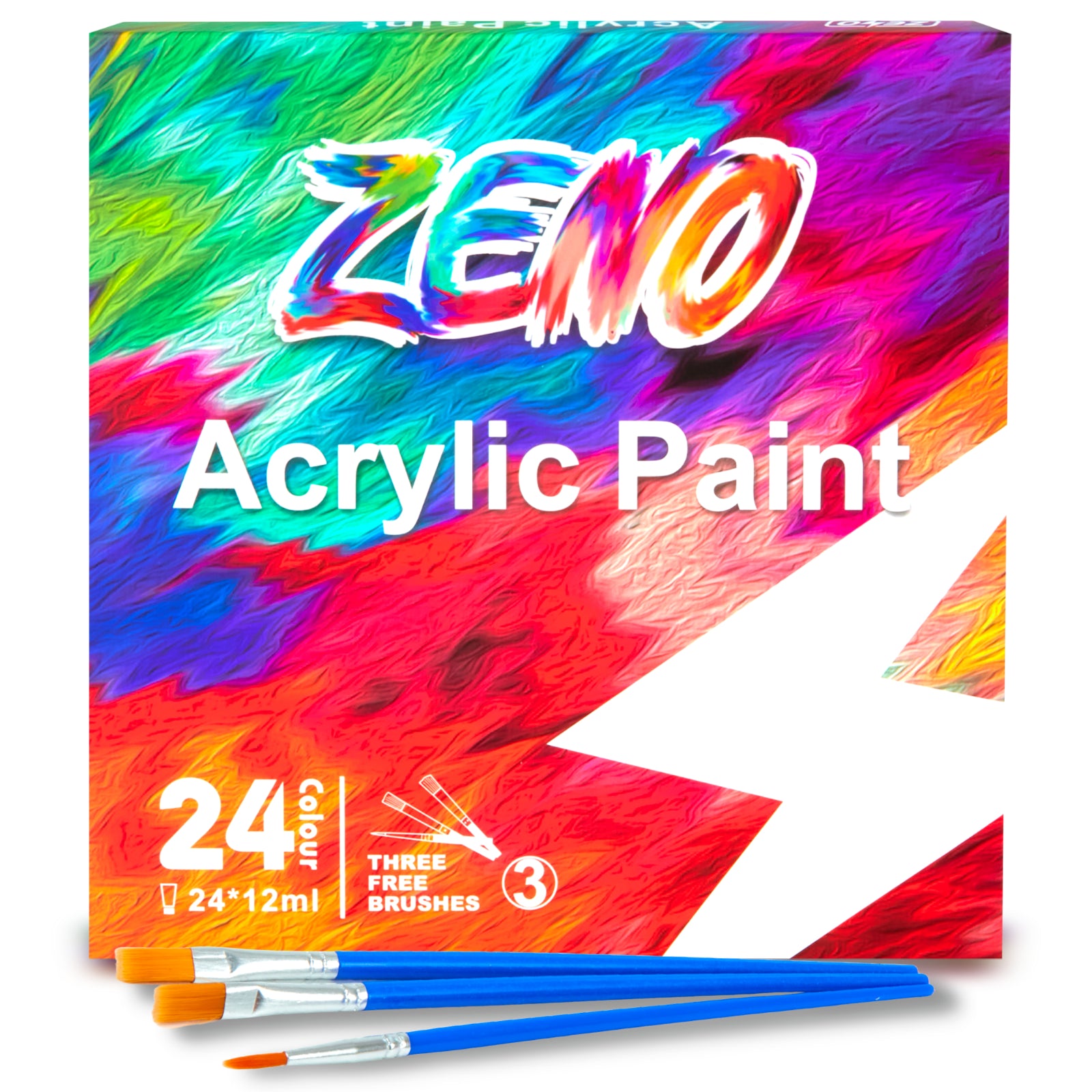 ACRYLIC PAINT SET TUBE 24 X 12ML, 3 FREE BRUSHES PERFECT for CANVAS WOOD CERAMIC