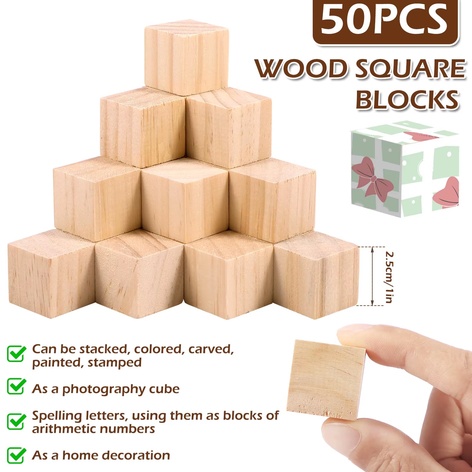 50Pcs Wood Blocks for Crafts Pine Wood Square Blocks 1 Inch Unfinished Wood Craft Cubes Natural Wooden Blocks Wooden Cubes For