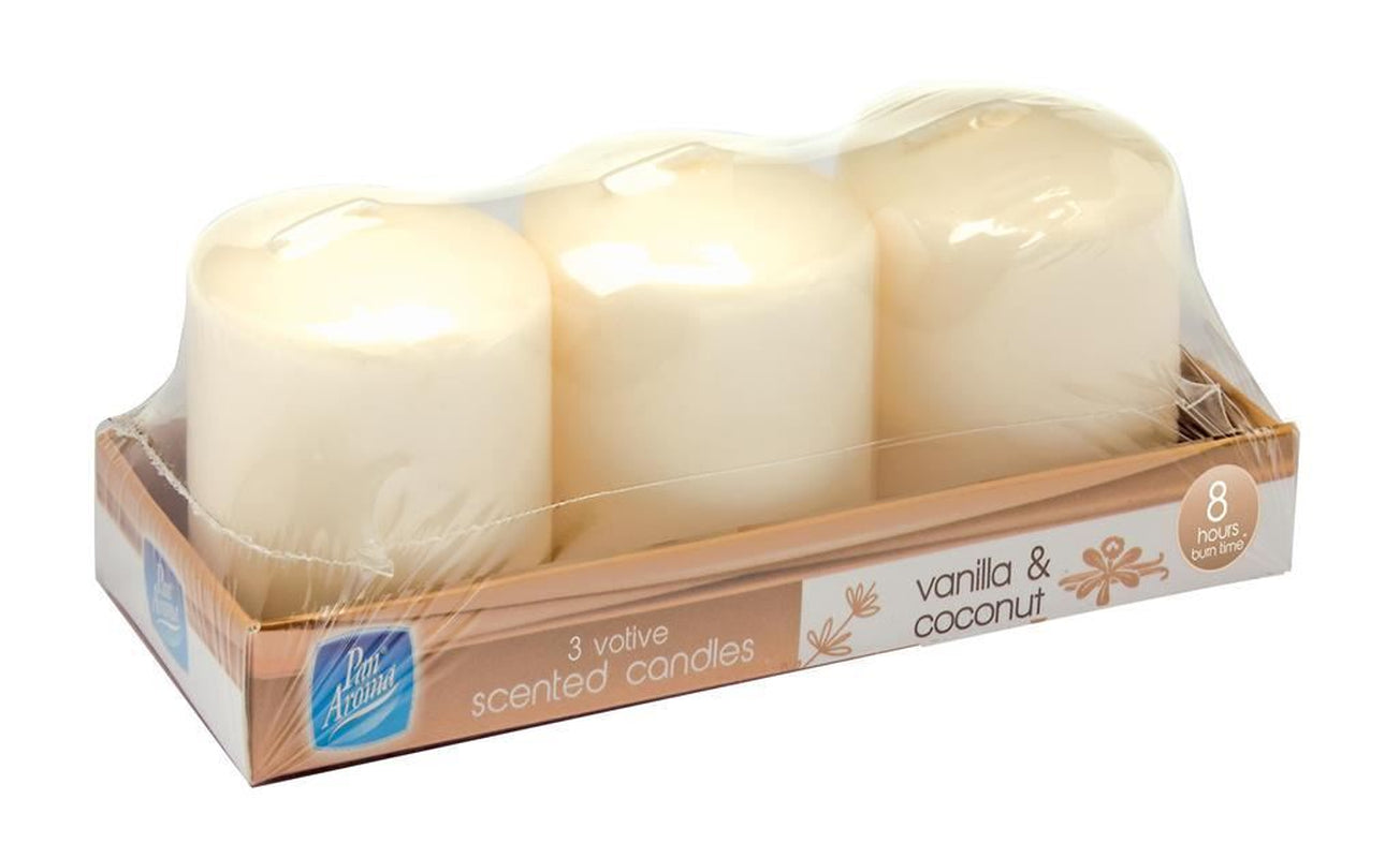 3PC Pan Aroma Vanila & Coconut Votive Candles 8 Hours Fresh Home Votive Candles