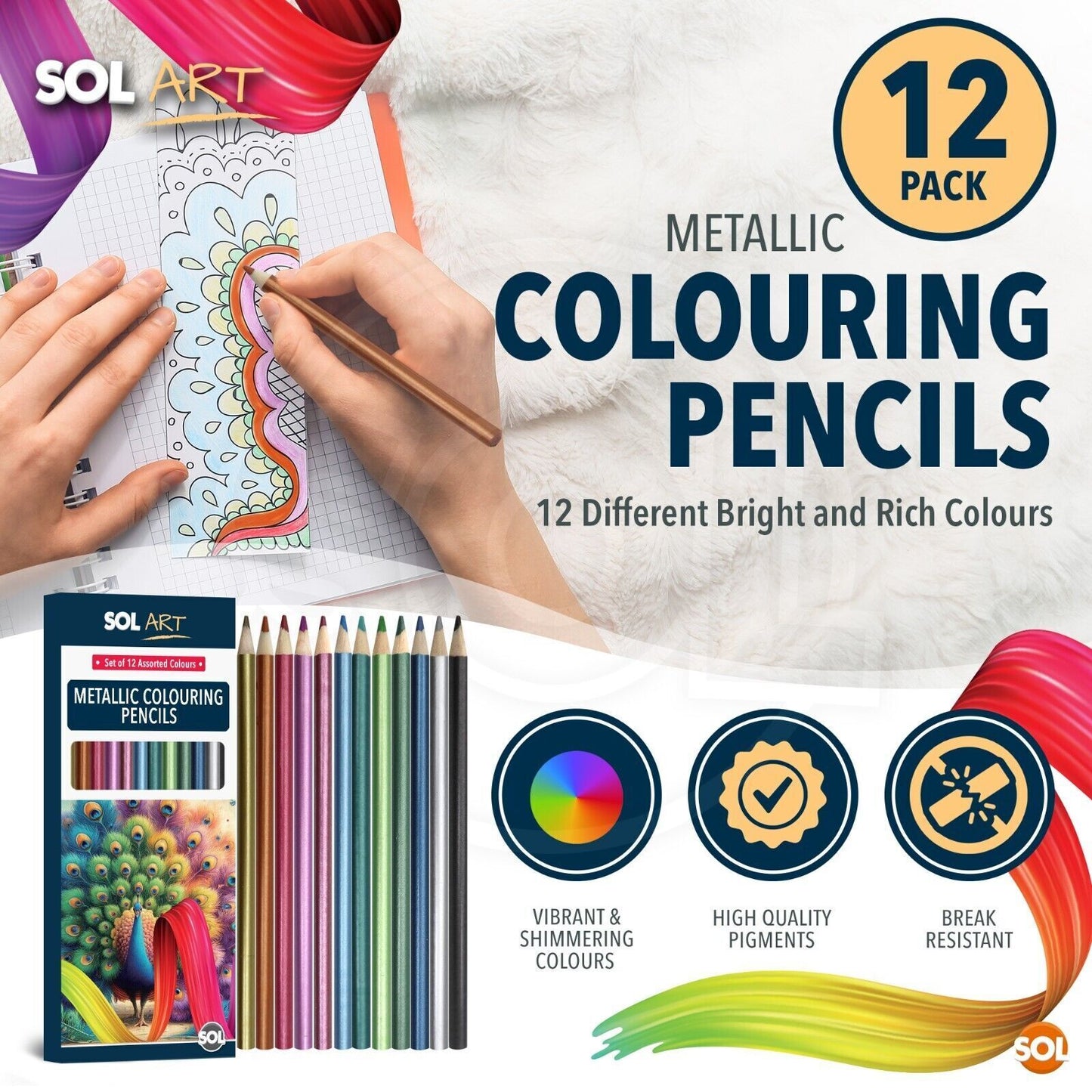 12-24 Metallic Pencils Intense Assorted Colours Drawing Colouring Artist Art Set