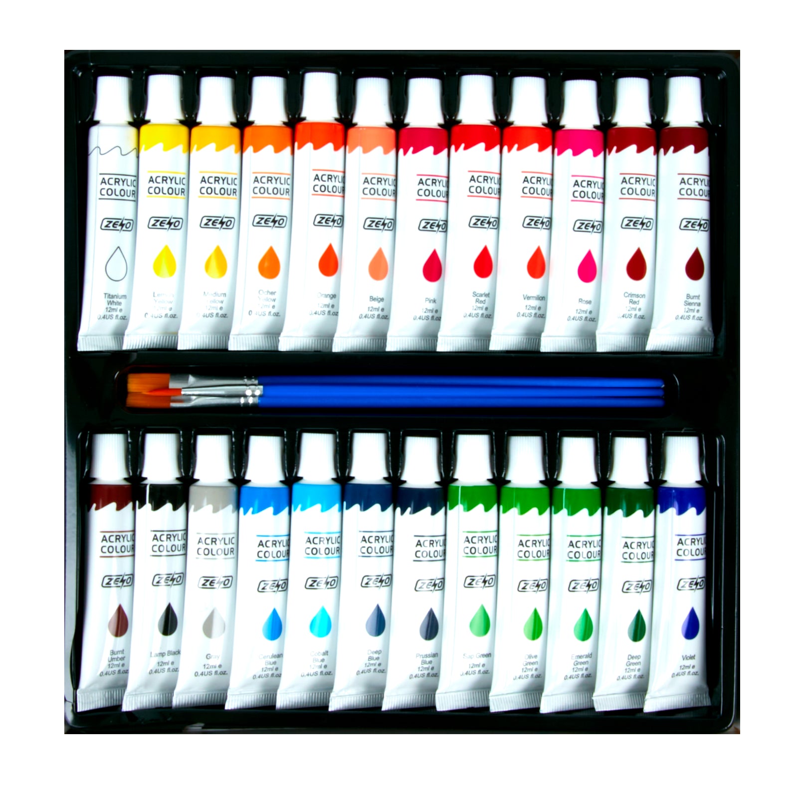 ACRYLIC PAINT SET TUBE 24 X 12ML, 3 FREE BRUSHES PERFECT for CANVAS WOOD CERAMIC