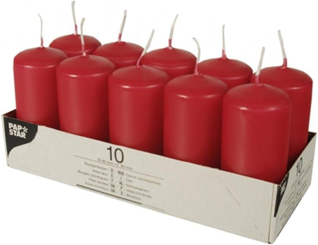 PACK of 10 RED PILLAR CANDLES 40 X 90 MM