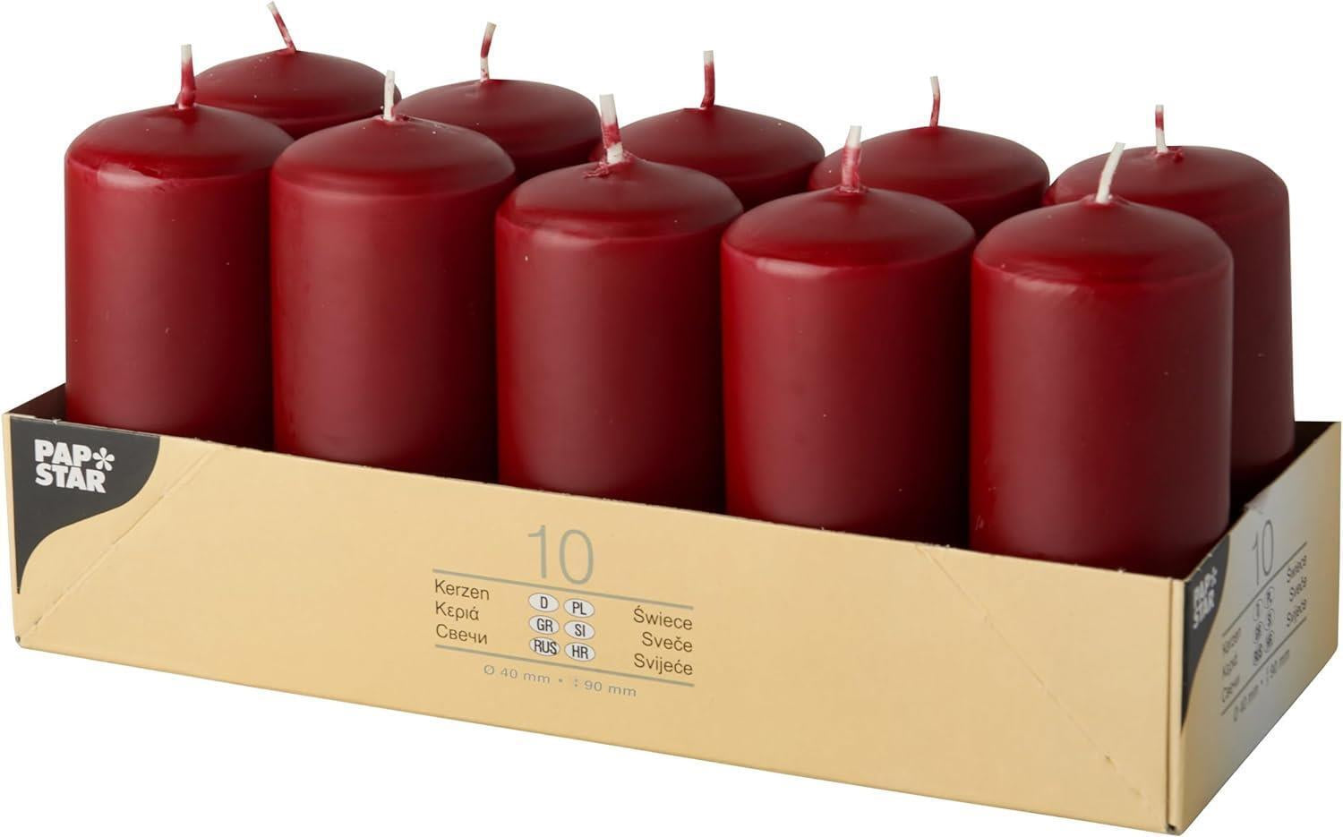 10 Pillar Candle Large round Table Candles Long Burn Time 40 X 90MM Dark Red