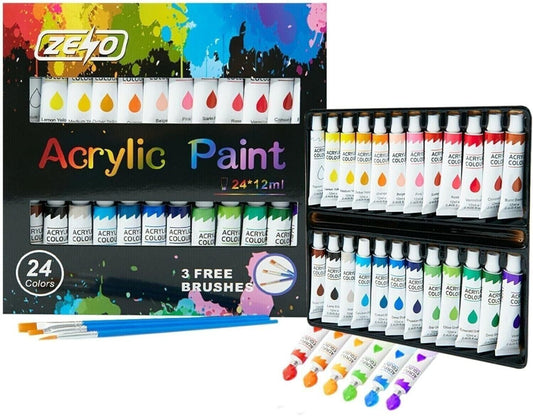 ACRYLIC PAINT SET TUBE 24 X 12ML, 3 FREE BRUSHES PERFECT for CANVAS WOOD CERAMIC