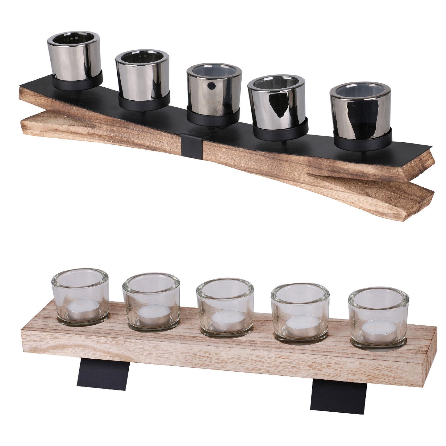 5X Glass Tealight Candle Holder Wooden Tray Table Centre Decoration Christmas