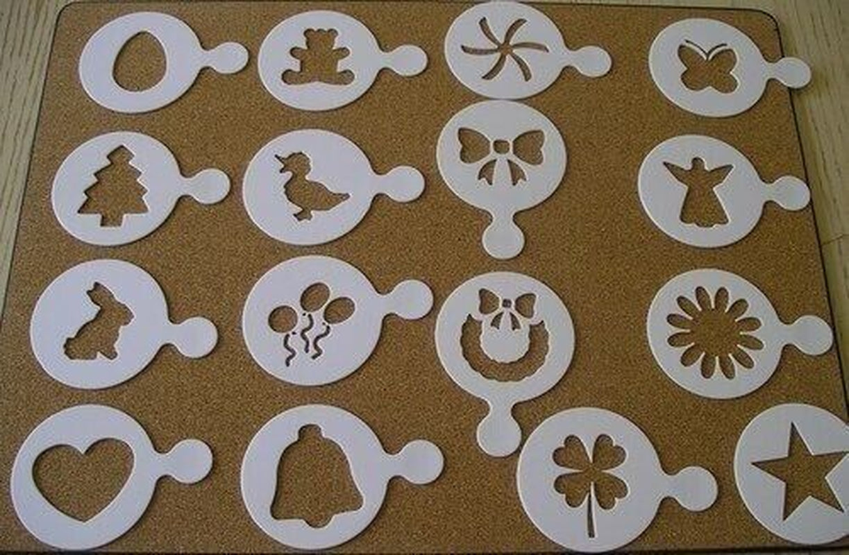 16 X Coffee Machine Barista Stencils Template Strew Pad Duster Spray Art Gift UK