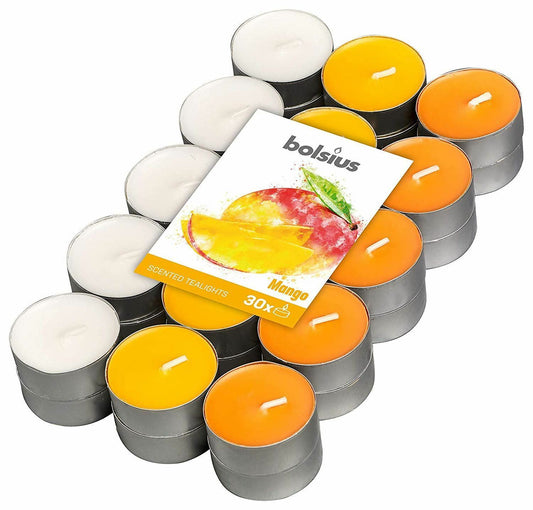 30 Bolsius Aromatic Exotic Mango Fragranced Scent Tea Light Tealight Candles 4H